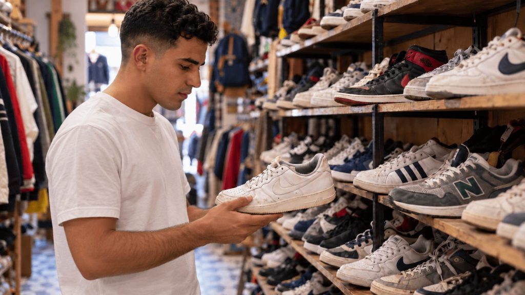 Homme vérifiant une paire de sneakers d’occasion en bon état dans une boutique de frippe en Tunisie