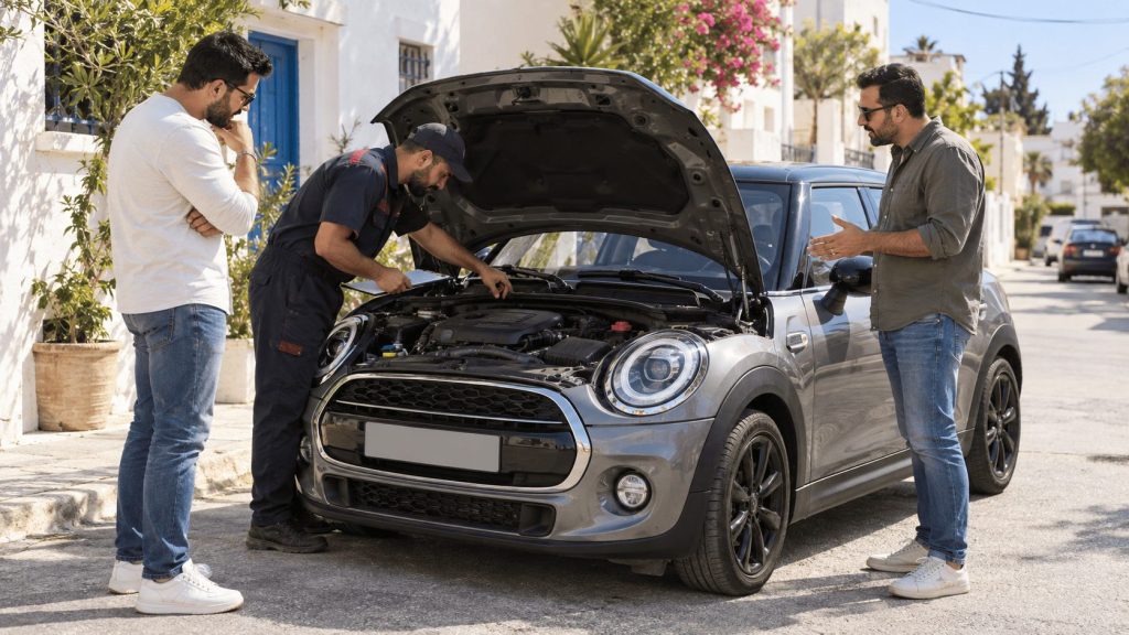 Mécanicien qui inspecte le moteur capot ouvert d’une citadine grise d’occasion devant vendeur et acheteur