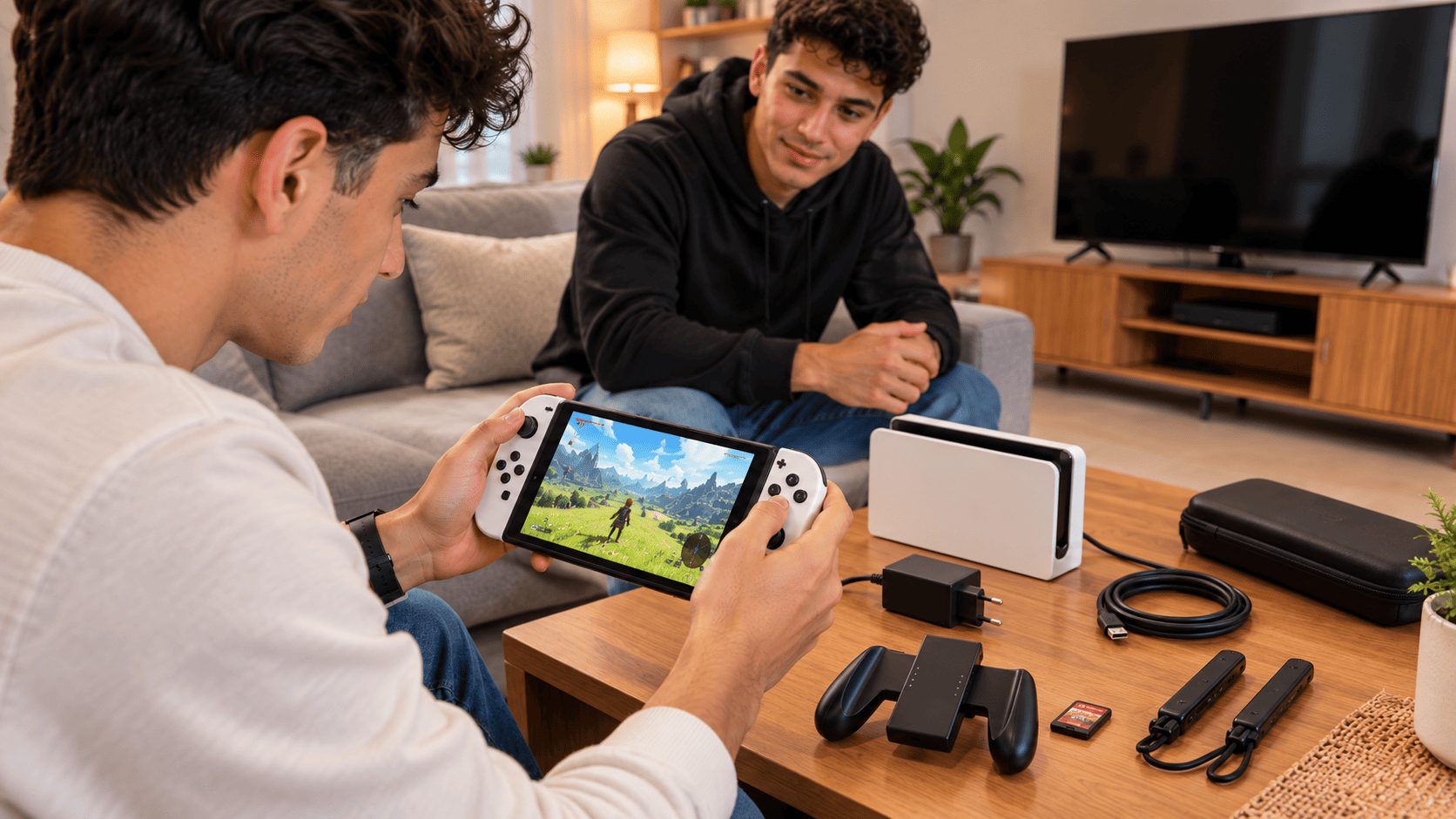 Acheteur testant une Nintendo Switch OLED d’occasion avec dock et accessoires avant achat en Tunisie