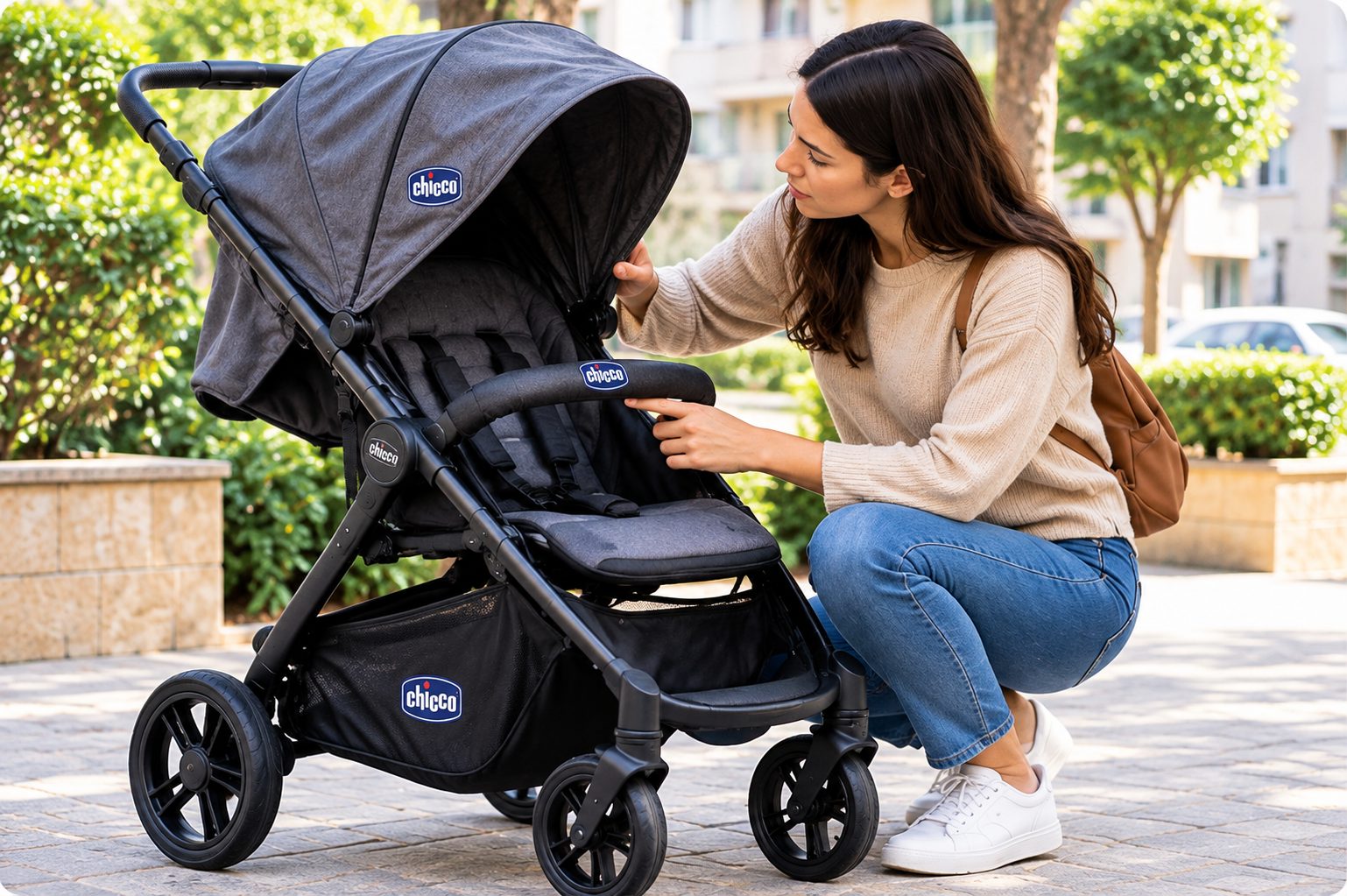 Parent examinant un modèle Chicco en extérieur