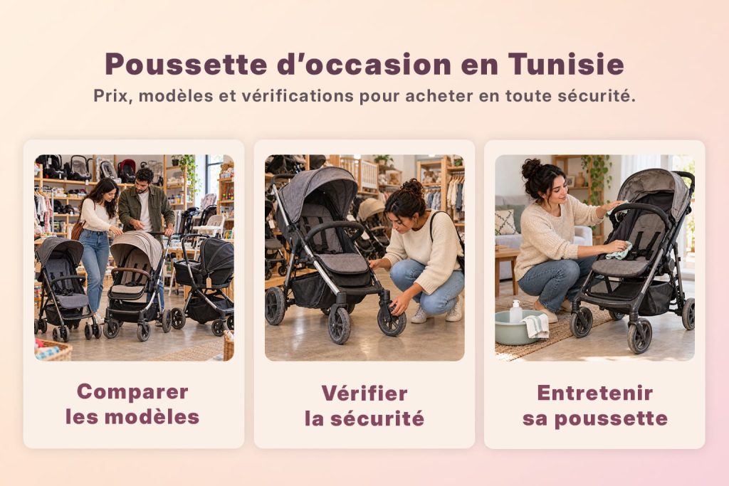 Guide d'achat d'une poussette d'occasion en Tunisie illustrant la comparaison des modèles, la vérification de la sécurité et l'entretien.