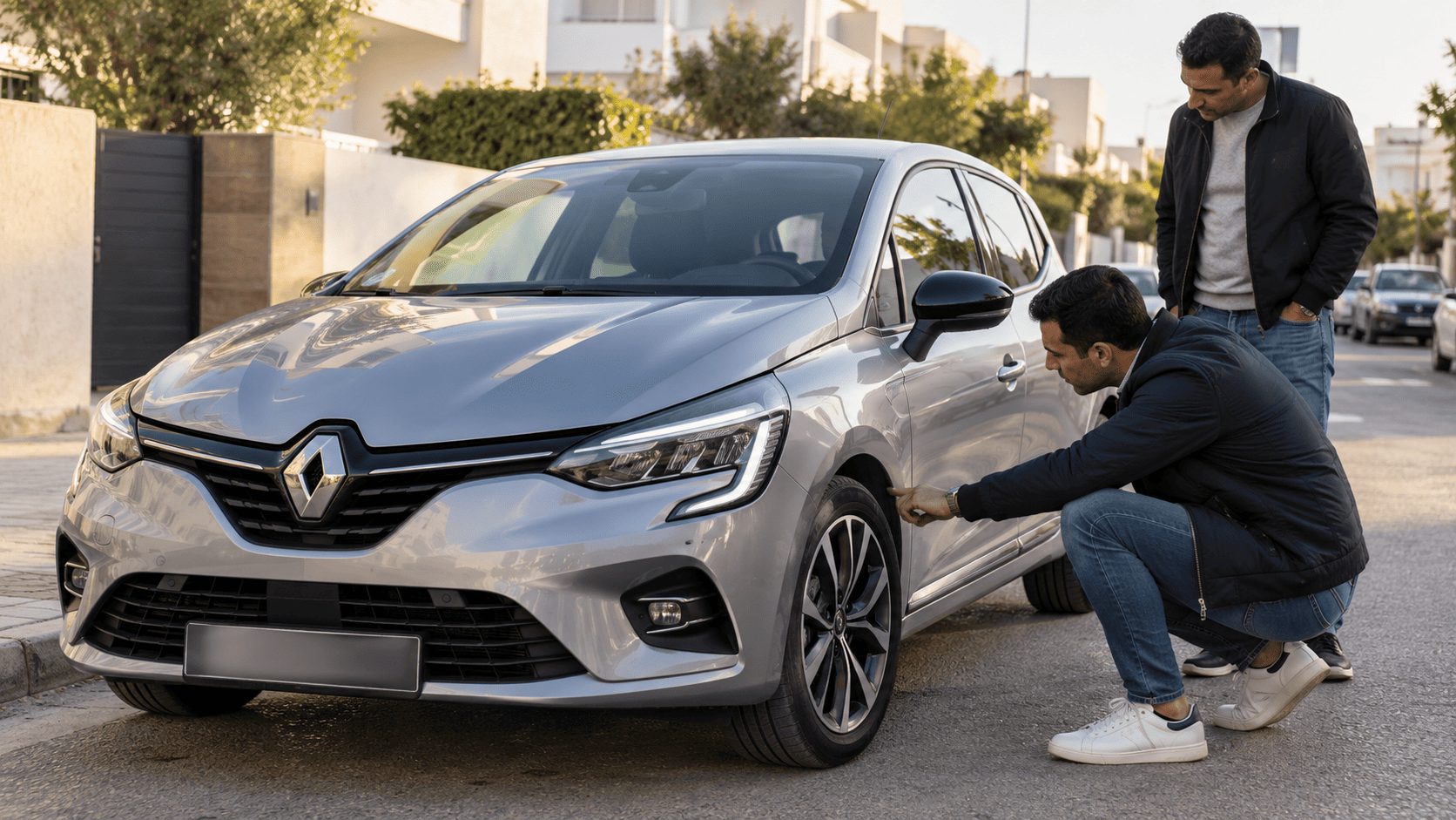 Acheteur inspectant une Renault Clio 5 d’occasion avec le vendeur avant achat en Tunisie