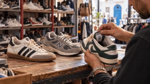 Sneakers de marque d’occasion en bon état vérifiées dans une boutique de frippe en Tunisie