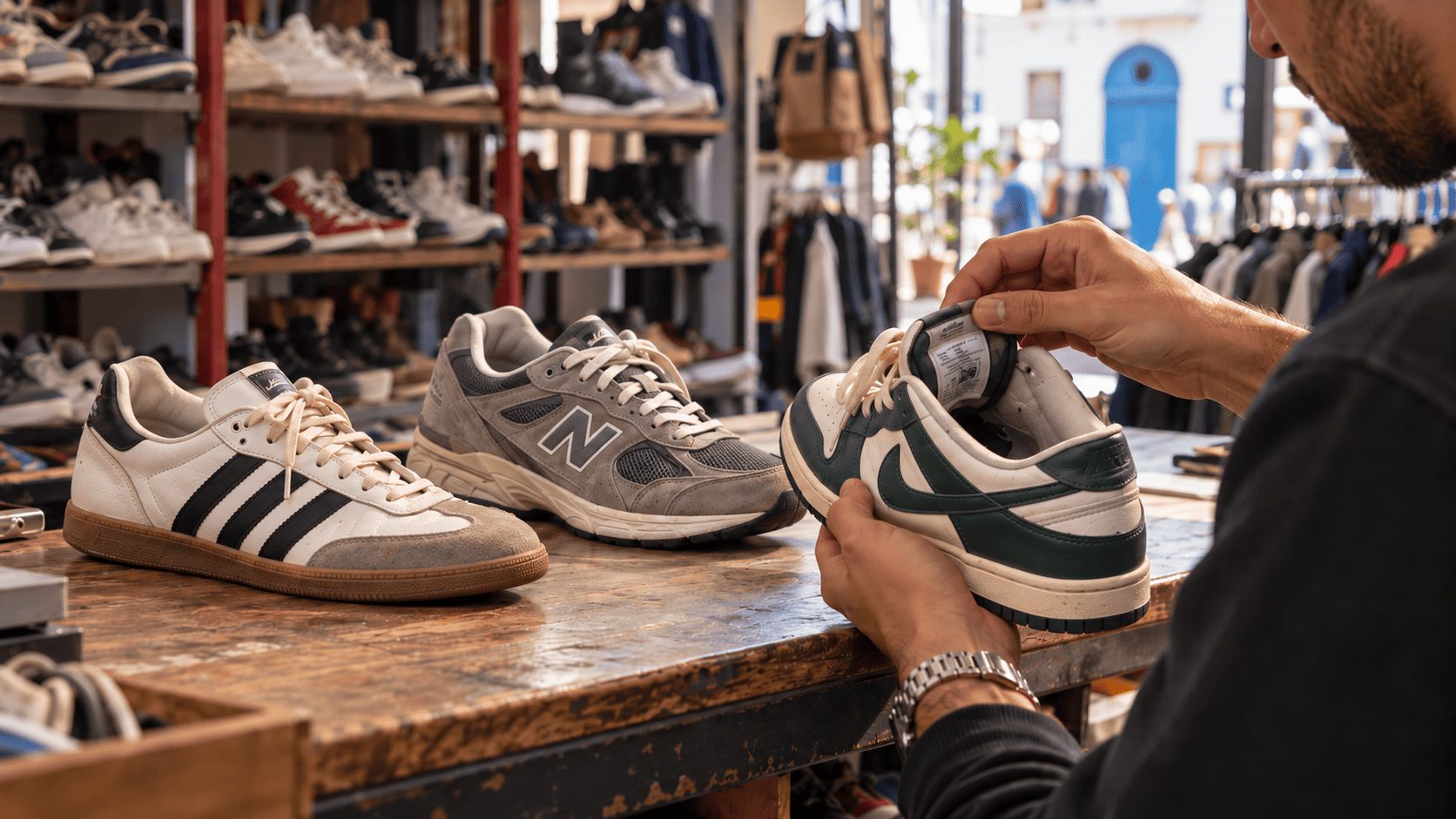 Sneakers de marque d’occasion en bon état vérifiées dans une boutique de frippe en Tunisie