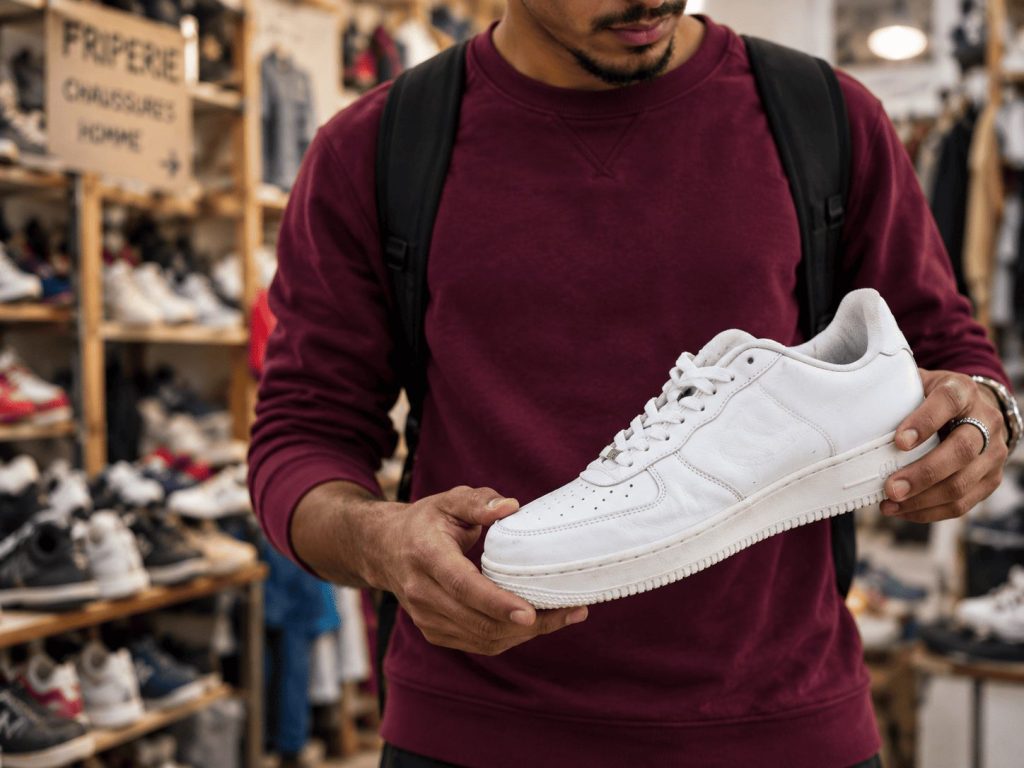 Homme inspectant une sneaker blanche devant un rayon de chaussures