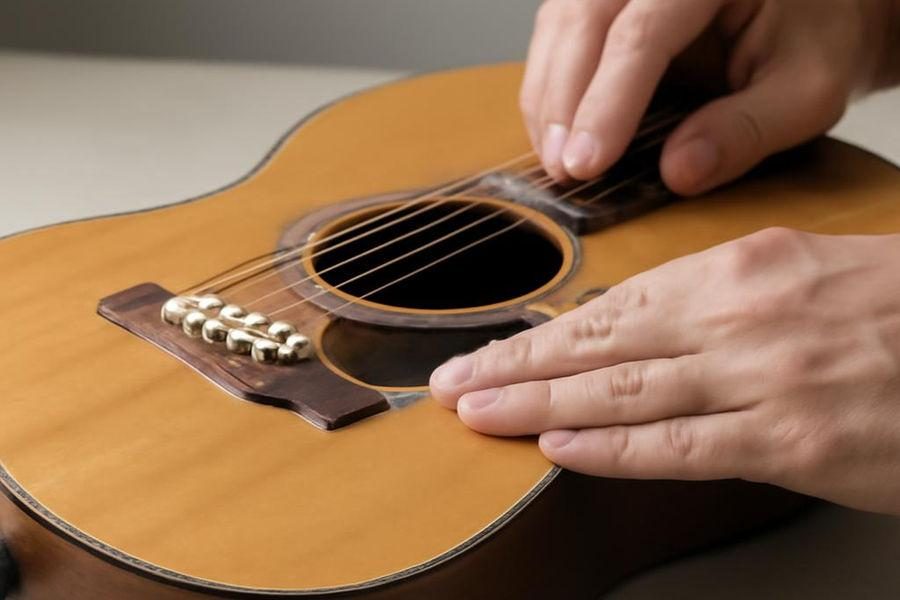 Mains contrôlant le chevalet et la table d’une guitare acoustique