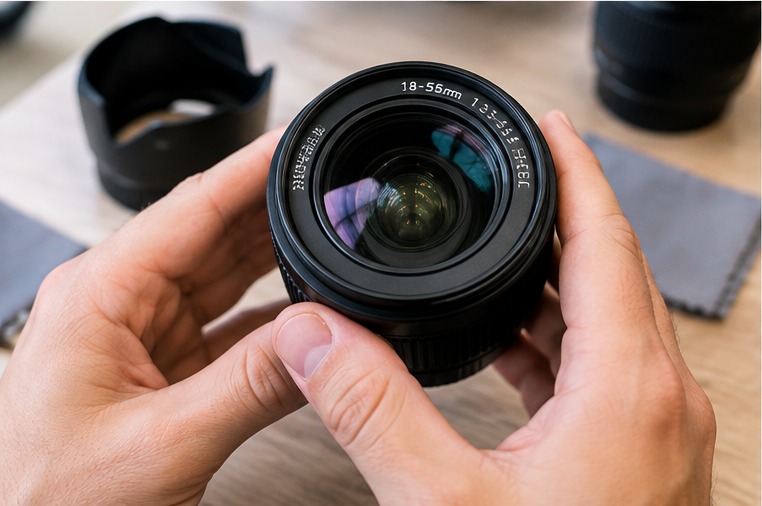 Inspection des lentilles d'un objectif 18-55 mm tenu à deux mains