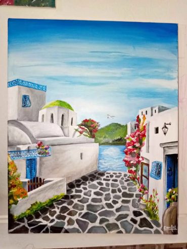 tableau-peinture-acrylique-village-blanc-bleu-a-vendre-tunis