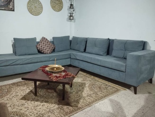 canape-angle-tissu-gris-bleu-bon-etat