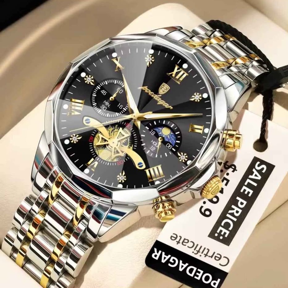 montre-poedagar-acier-bicolore-cadran-noir