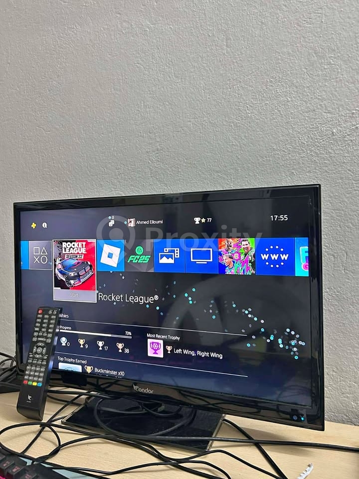 Console PS4 avec TV Condor 28″ à vendre à El Mourouj 1 – 4 jeux inclus