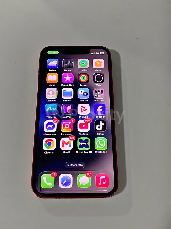 iPhone 13 mini 128 Go rouge à vendre à Oued Ellil – Face ID et True Tone actifs