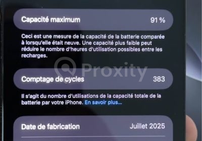 Batterie de l’iPhone 16 Pro Max affichant 91 pour cent et 383 cycles